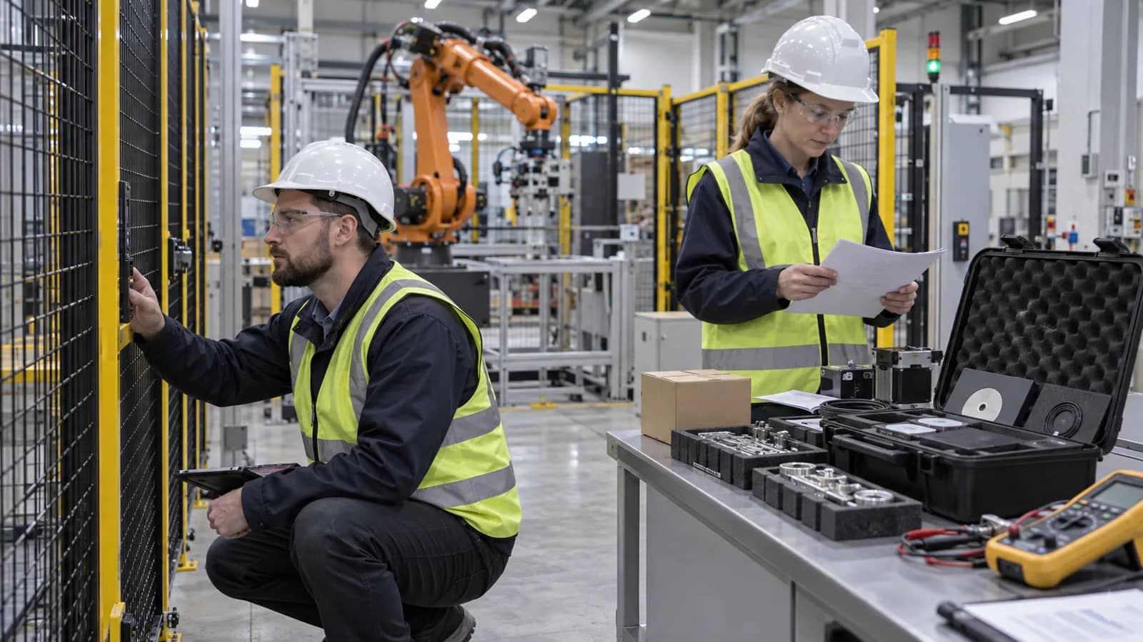 engineers checking robot cell acceptance evidence spare parts and service handover