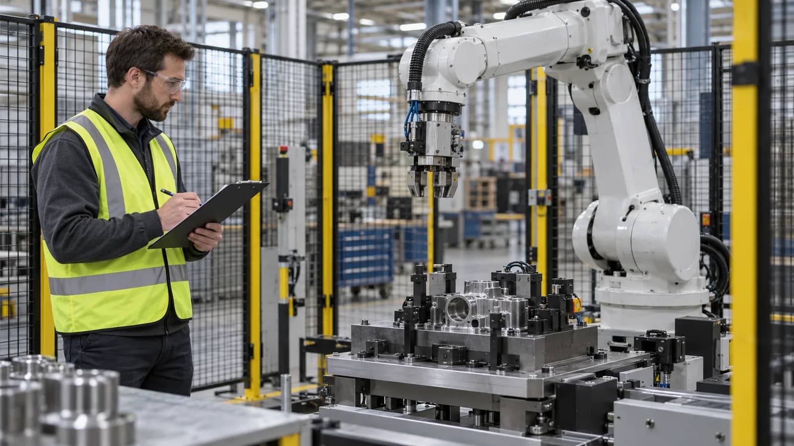 application engineer inspecting an unbranded industrial robot fixture and safety cell