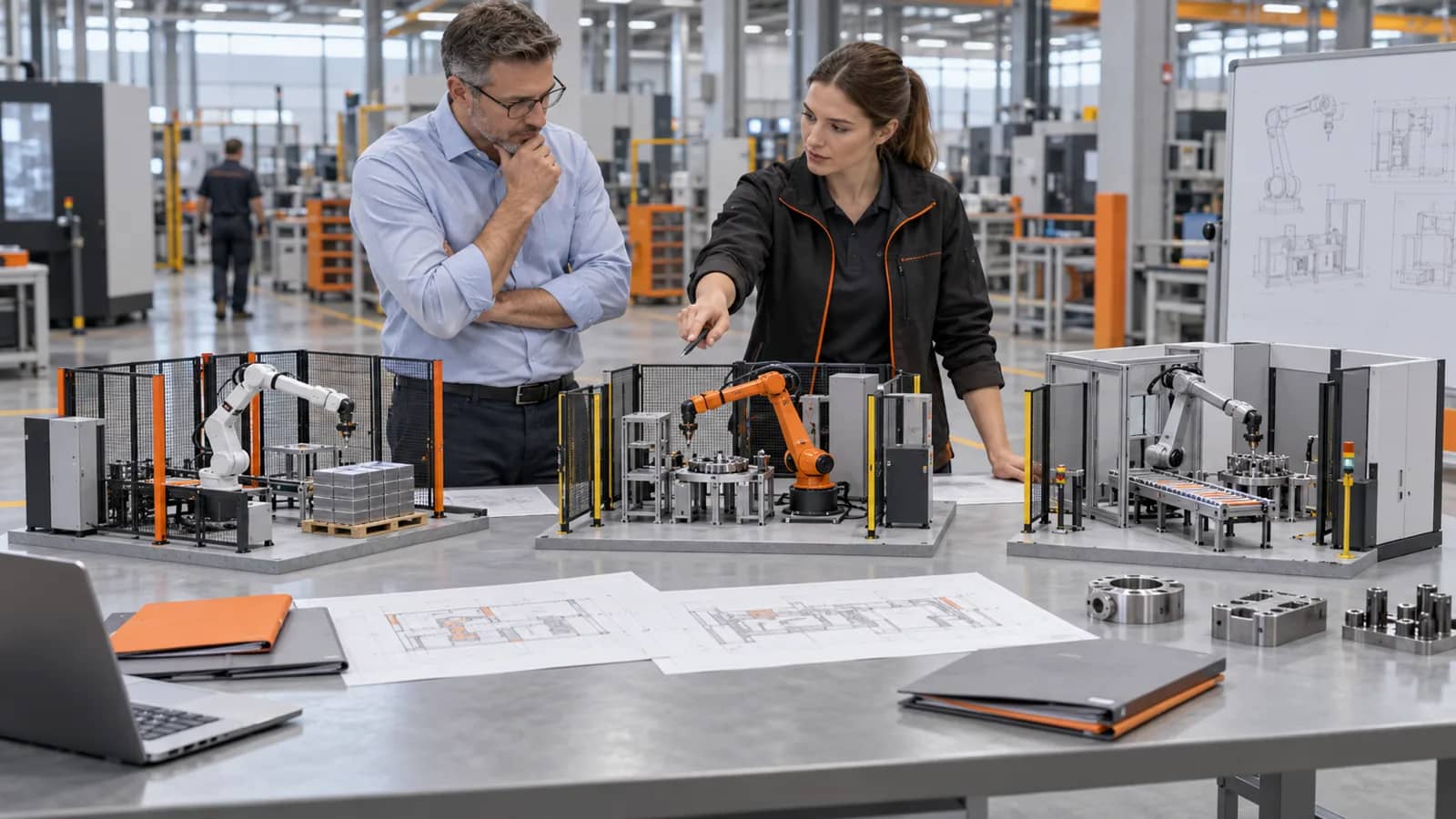 procurement manager and automation engineer comparing unbranded robot cell suppliers