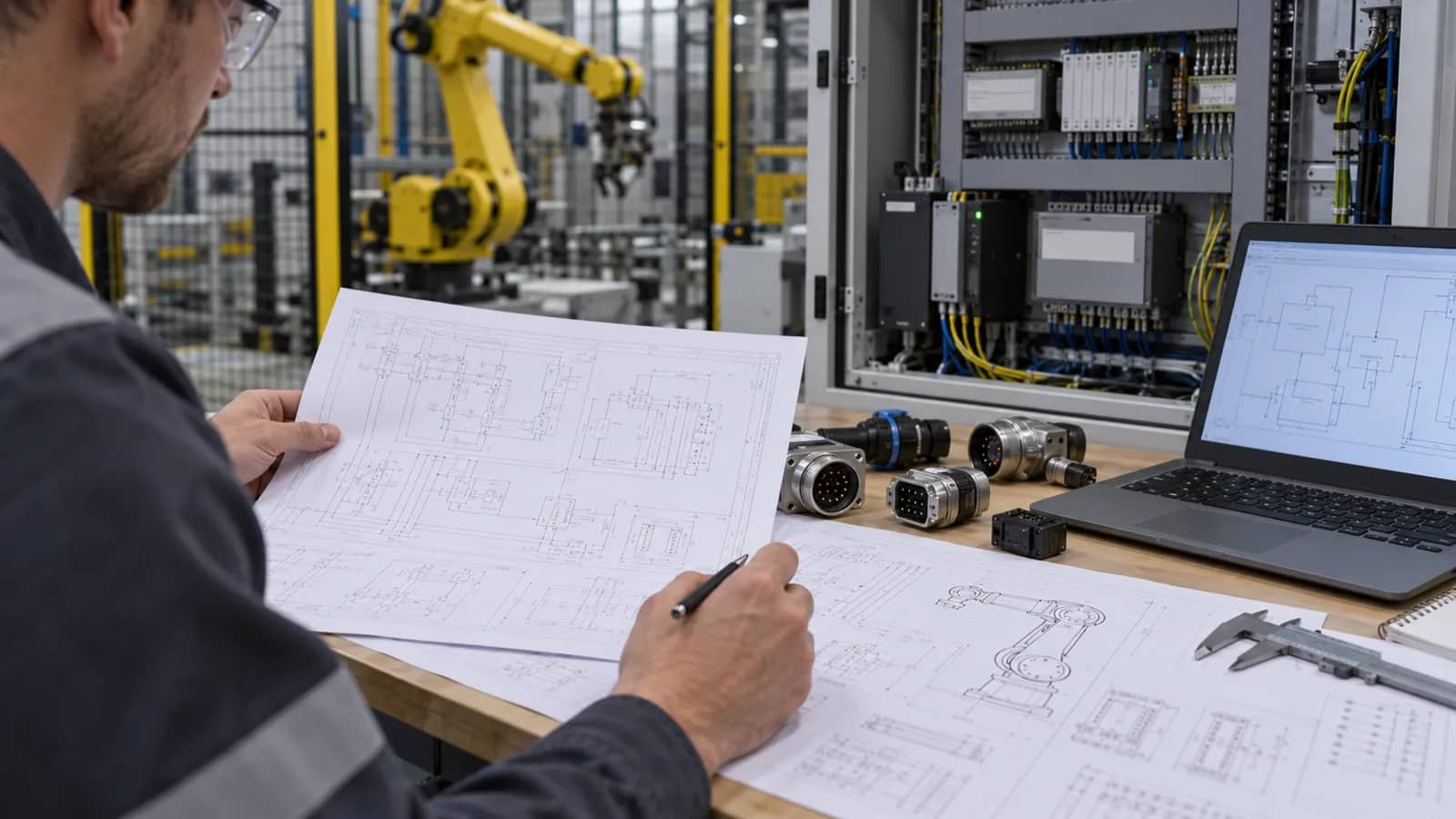 engineer reviewing industrial robot supplier drawings and controller interfaces