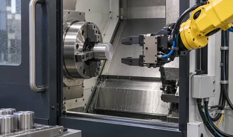 guarded CNC machine tending cell with robot, door and part staging