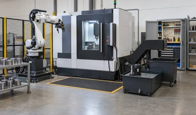 operator reviewing recovery access beside a guarded CNC cell