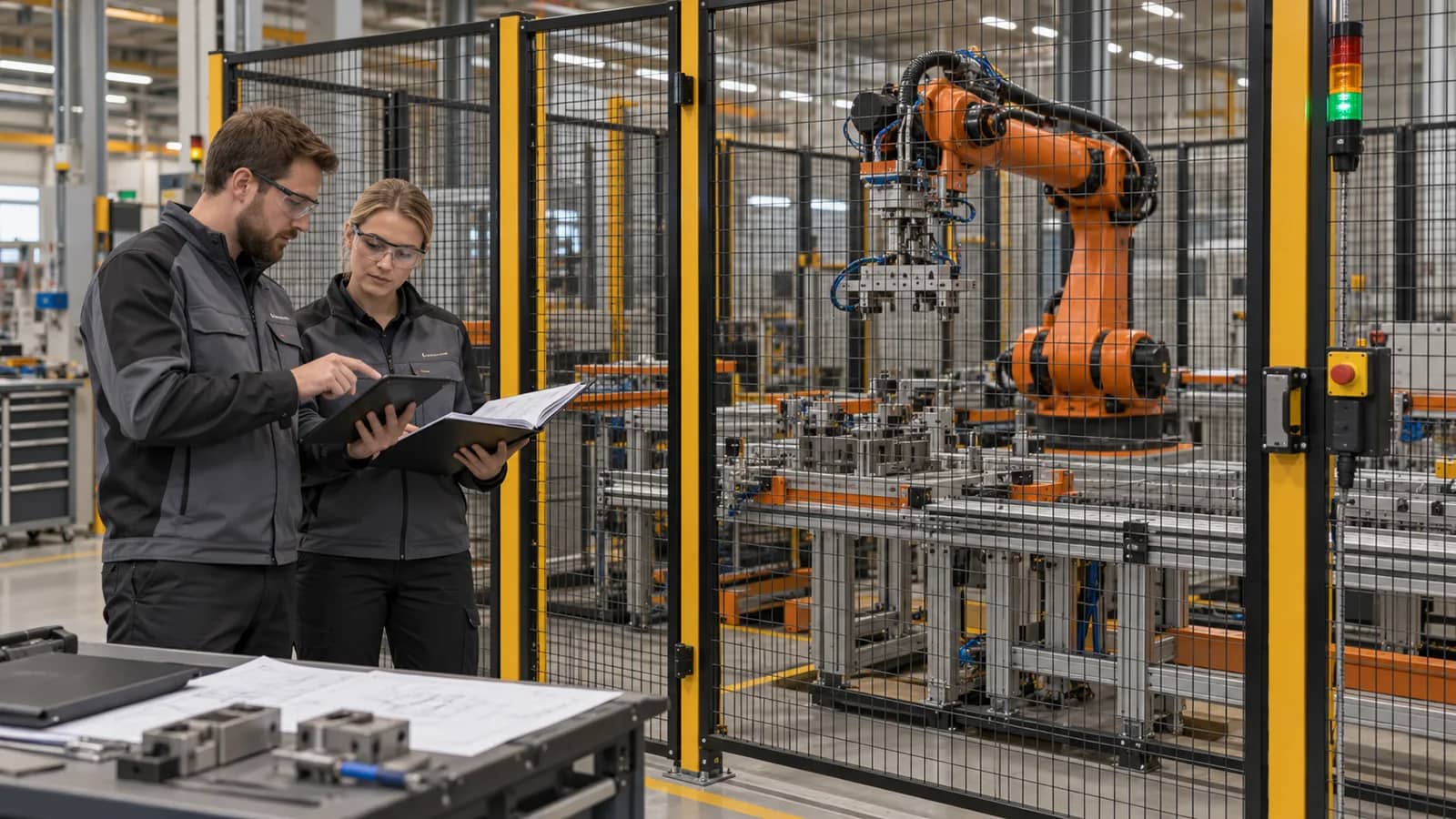 Engineers reviewing acceptance documents outside a guarded stationary robot cell