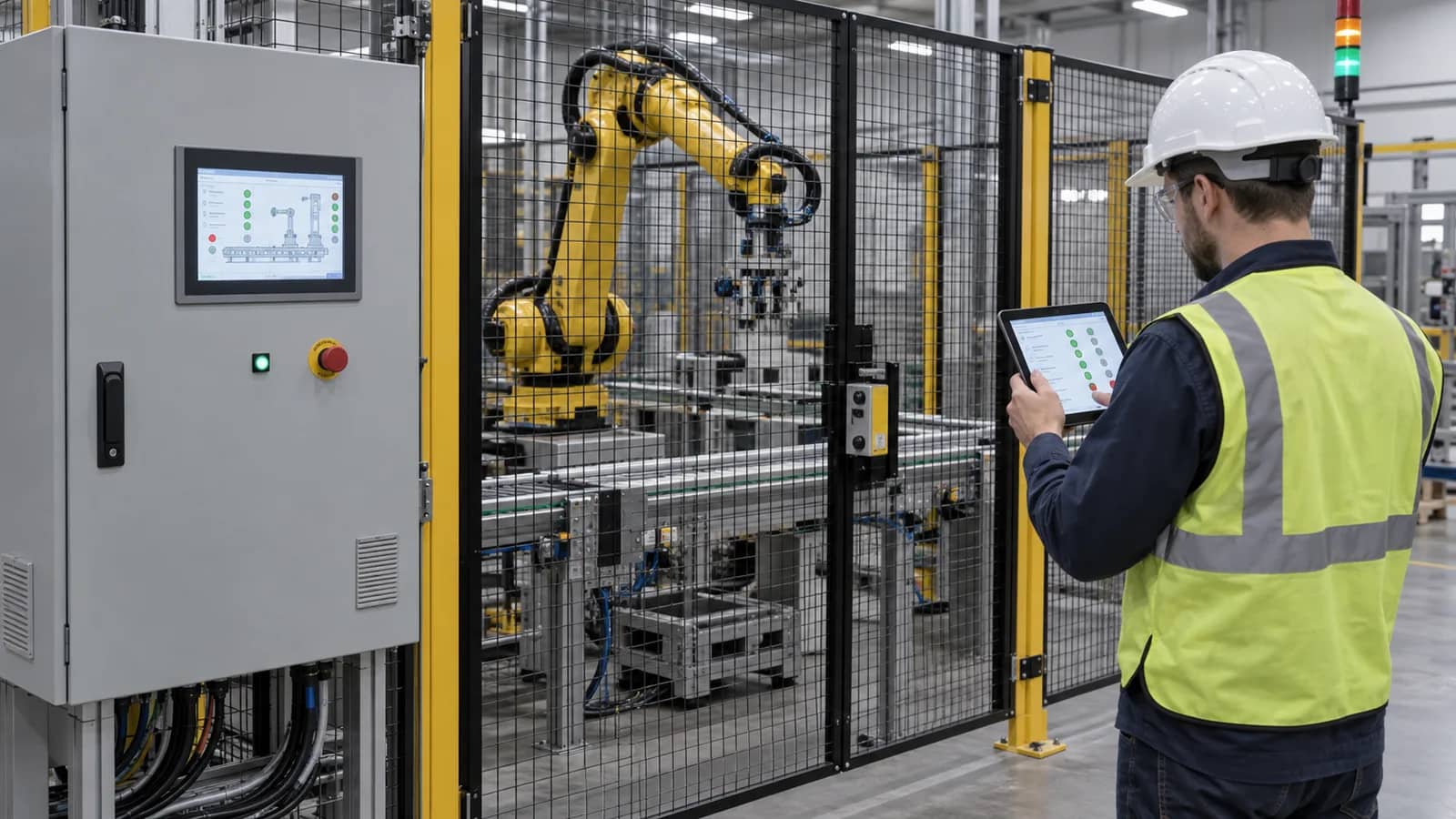Control interface review beside a guarded robot and conveyor