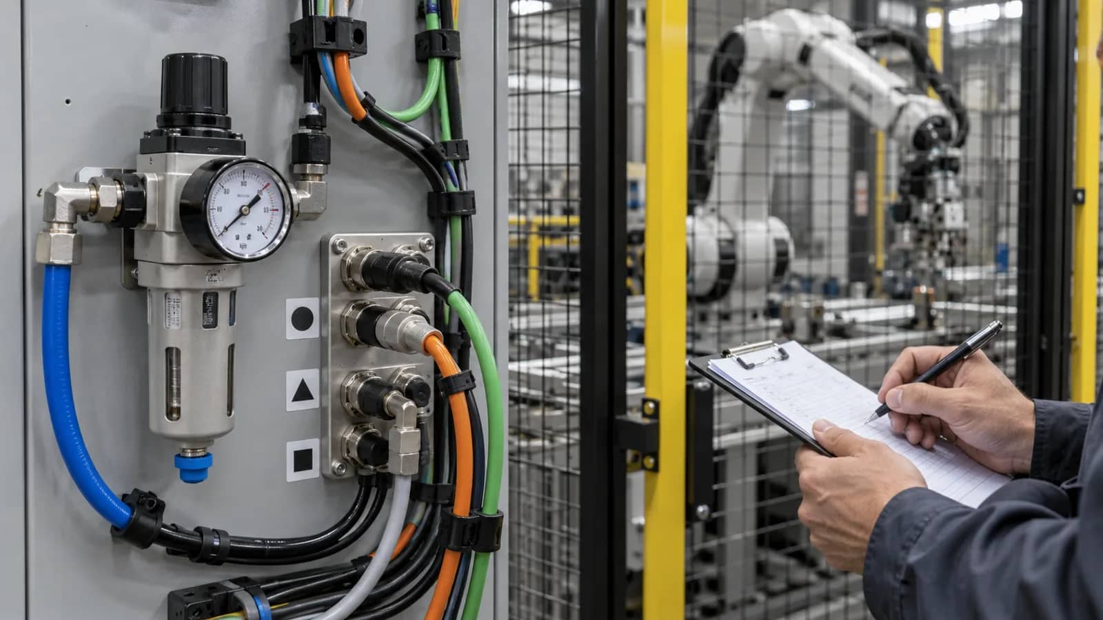 Utility connections and air regulator for a robot cell readiness review