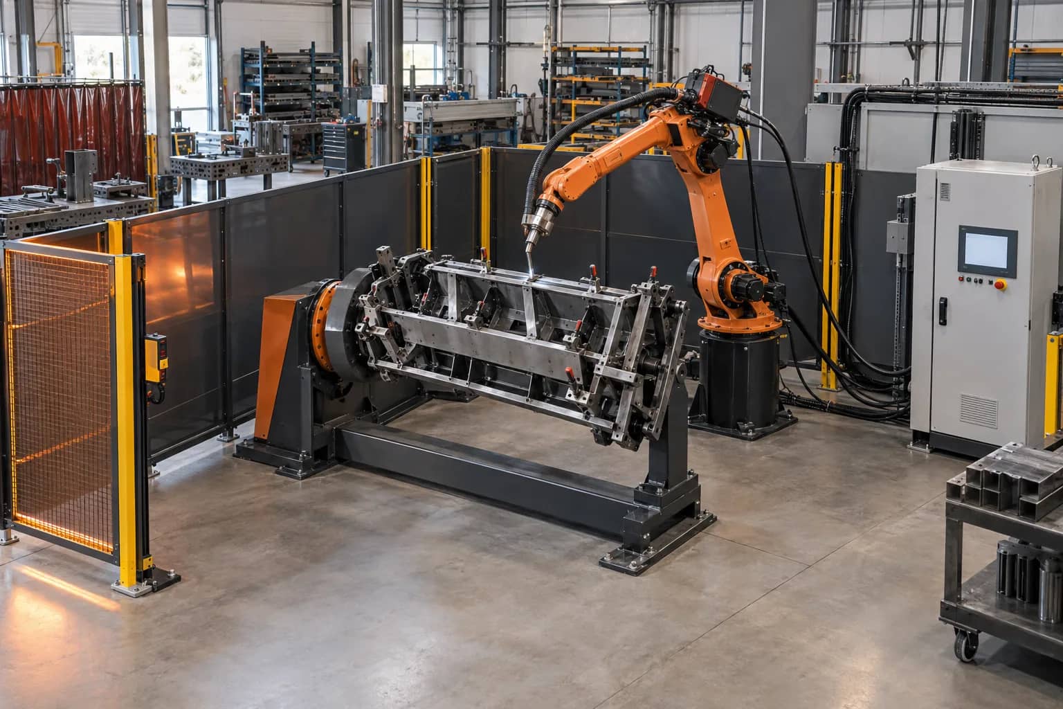 Conceptual unbranded robotic welding cell with robot, positioner and guarding