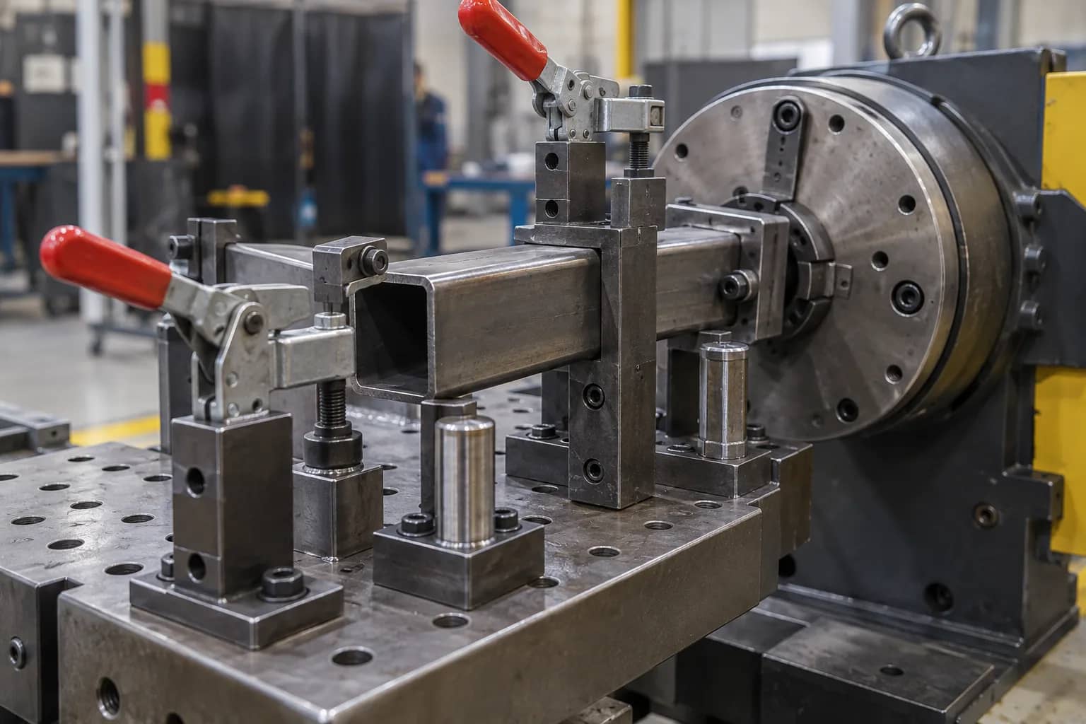 Conceptual fixture locating square steel tube at a welding positioner