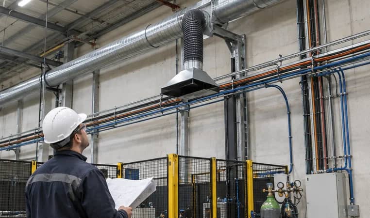técnico revisando conductos de humos y conexiones