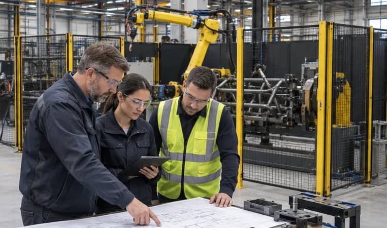 ingenieros revisando un plano de celda de soldadura robotizada