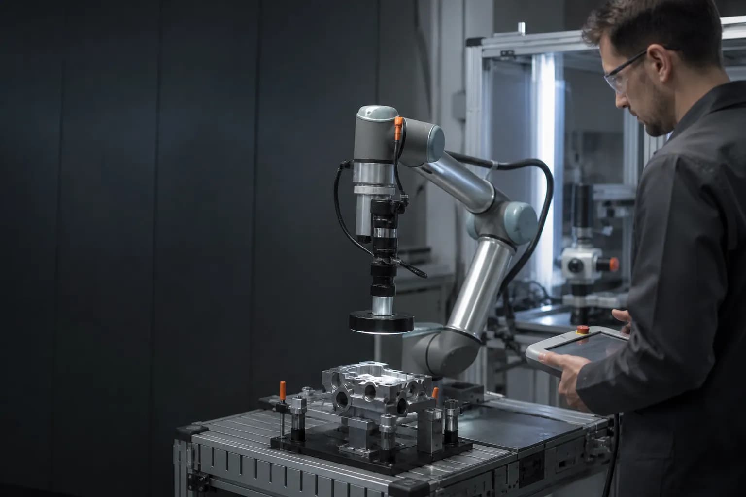 Compact collaborative robot performing a precision handling task