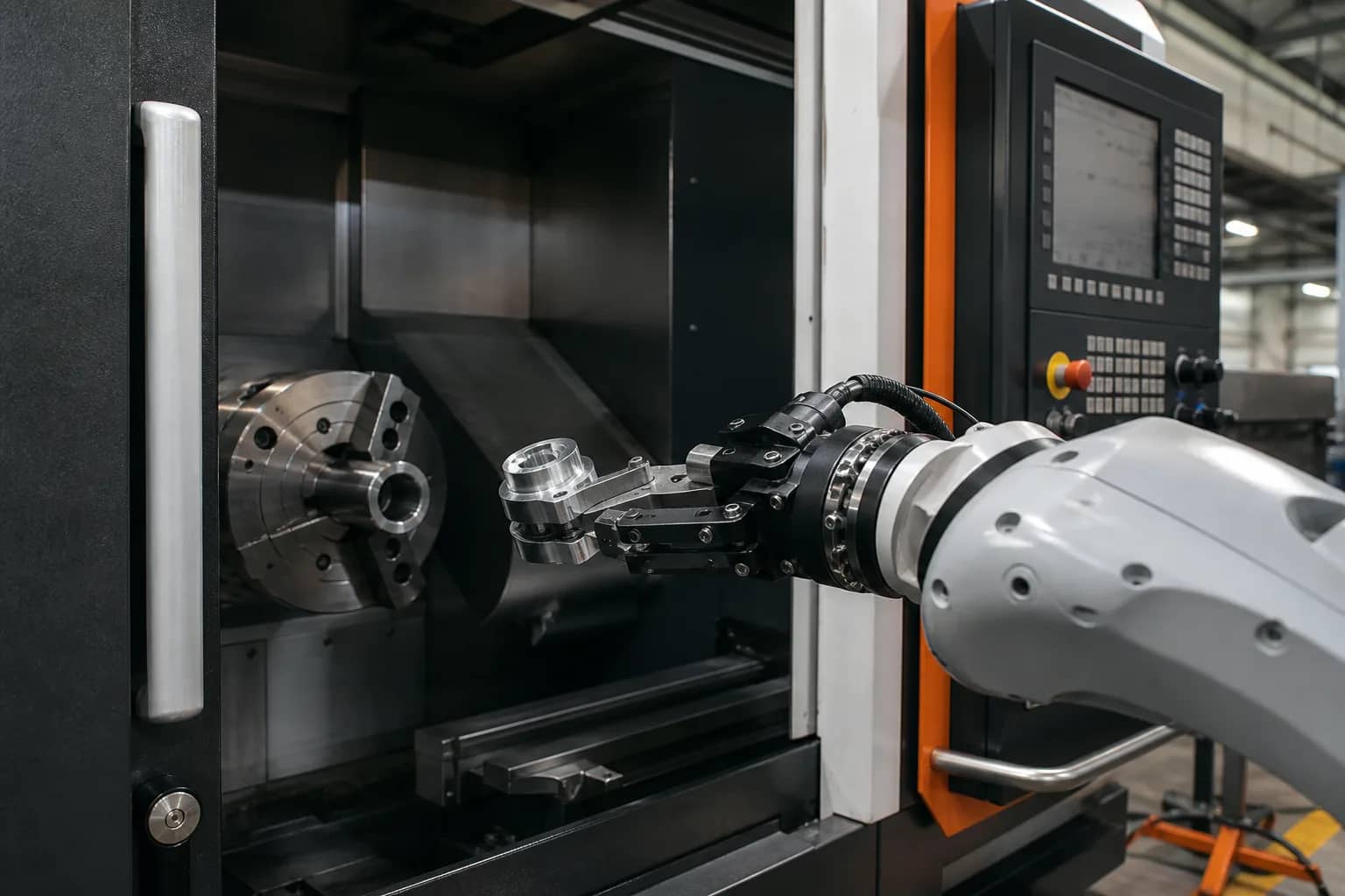Robot atendiendo una máquina CNC