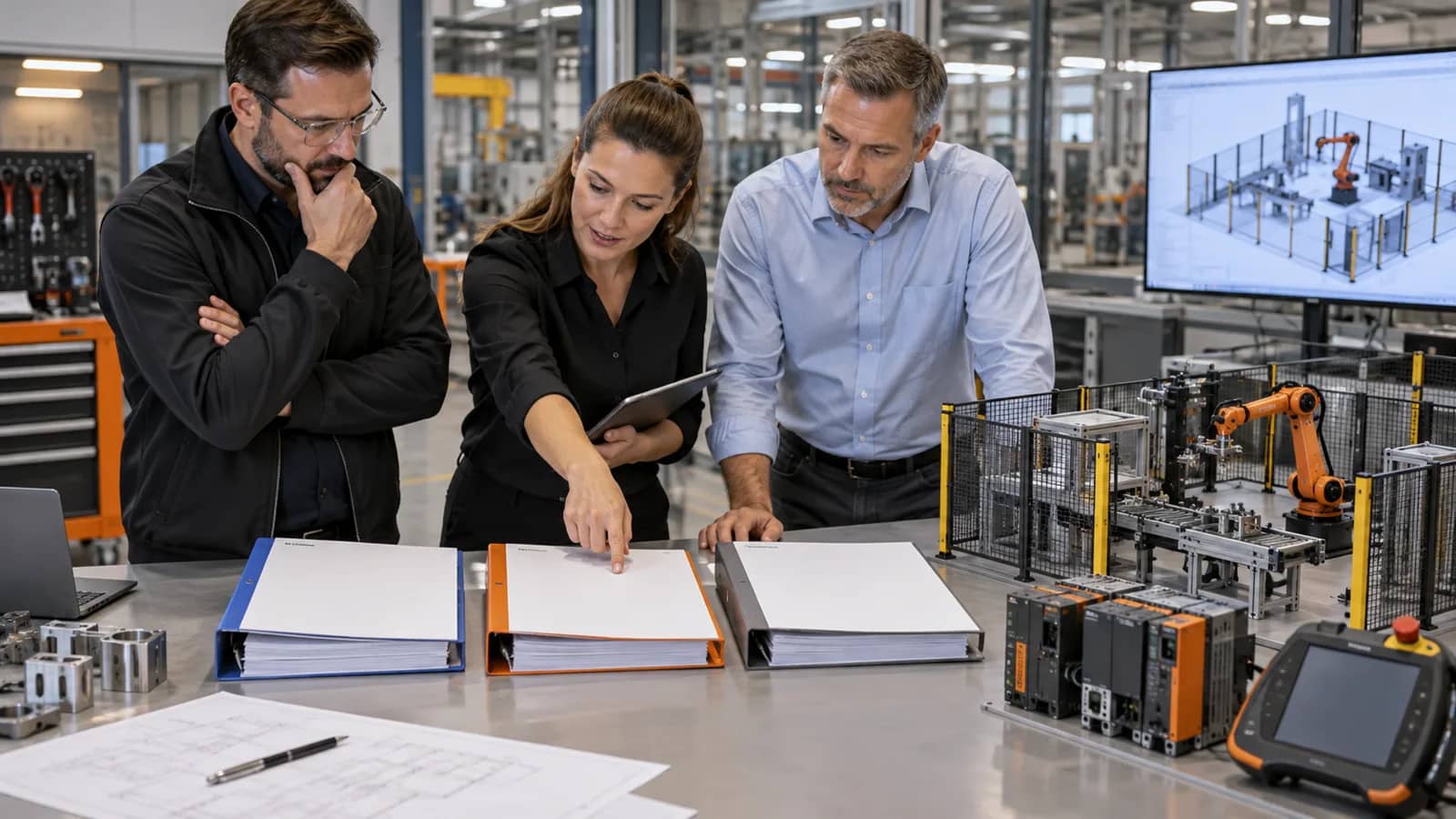 equipo de compras e ingeniería comparando tres ofertas de robots