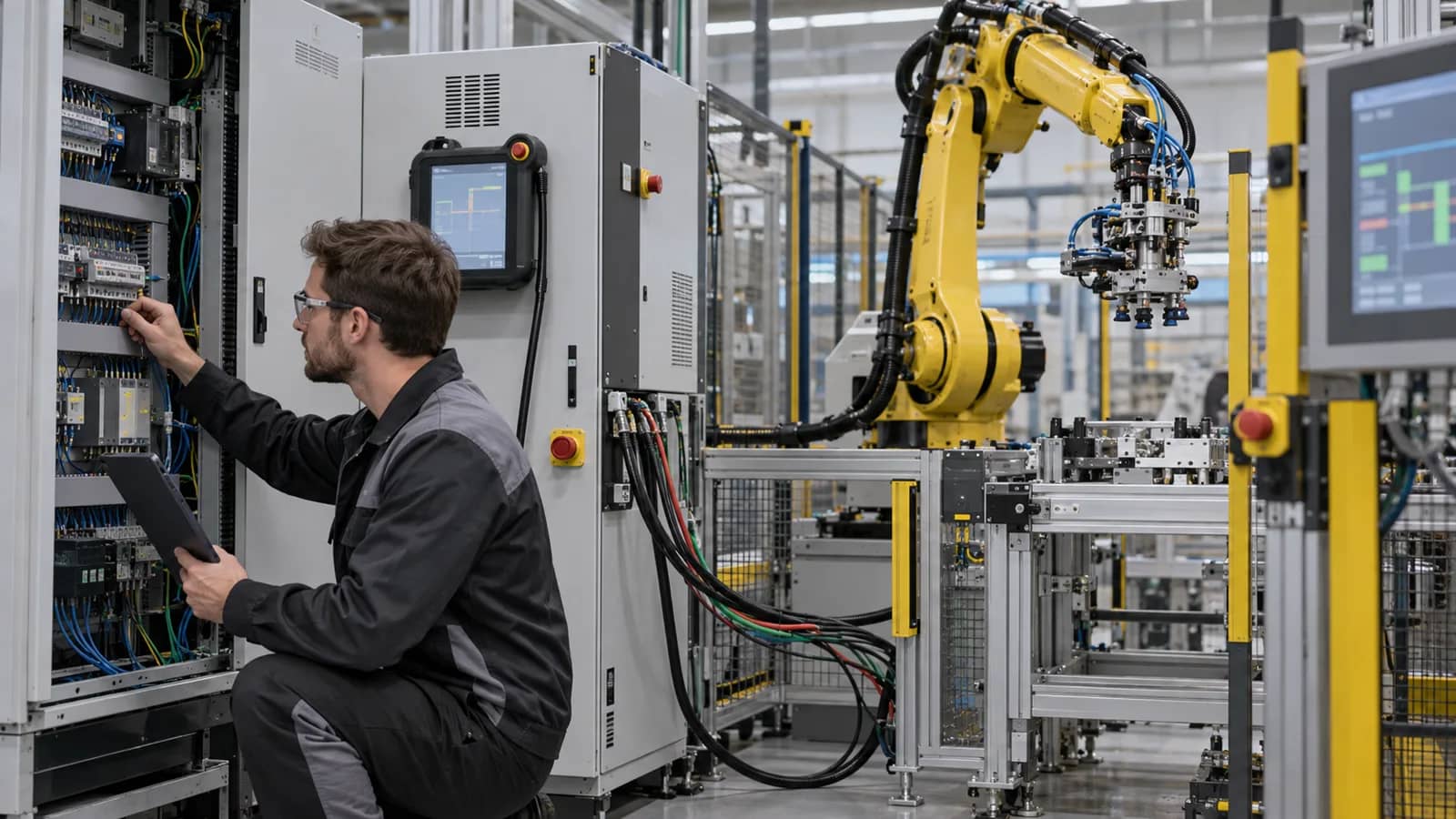 ingeniero comprobando interfaces de robot PLC seguridad y máquina
