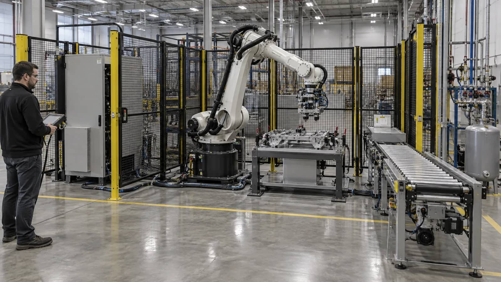 celda robotizada completa sin marca mostrando límites de equipos y planta