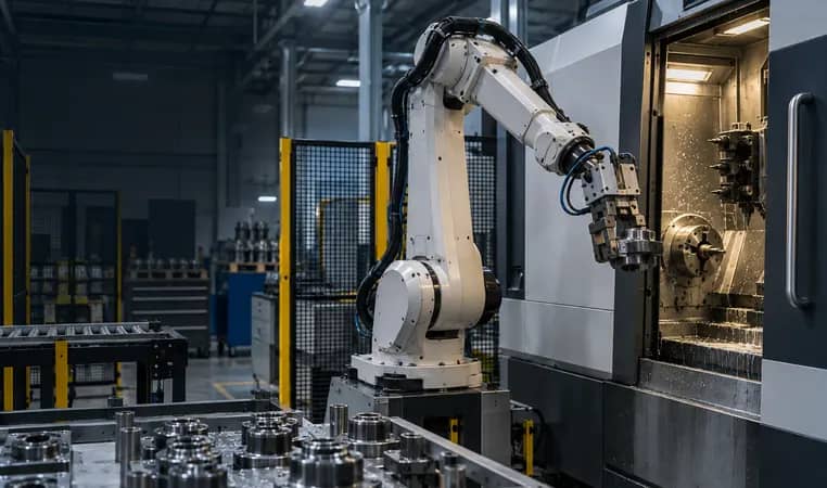 robot genérico atendiendo CNC con pinza mecánica y pieza mecanizada