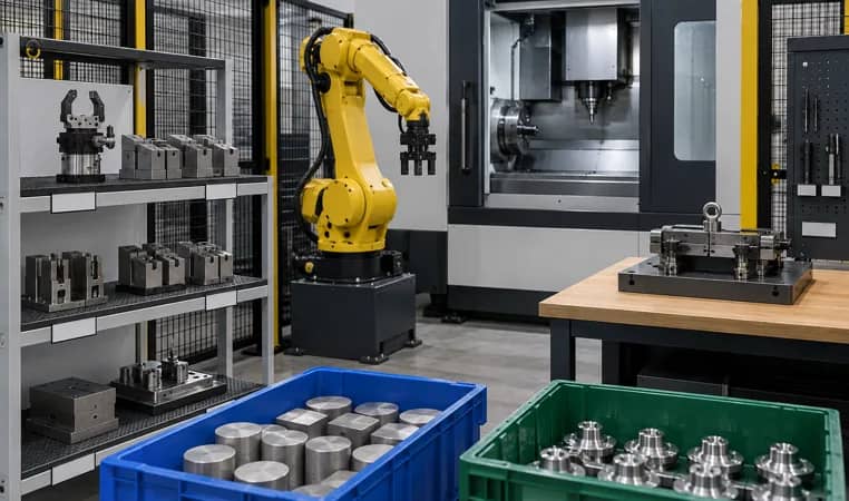 operator reviewing a production timing sheet beside a CNC cell