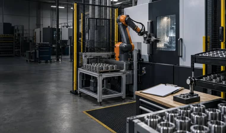 machine tending cell with CNC machine, robot and staged components
