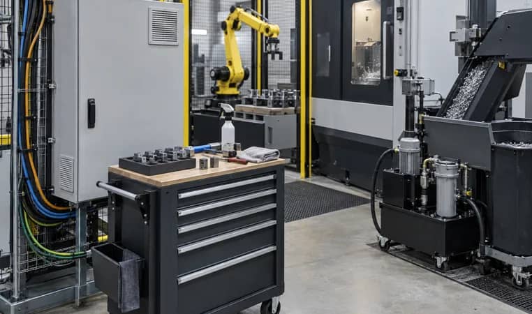 technician inspecting machine tending equipment for maintenance planning
