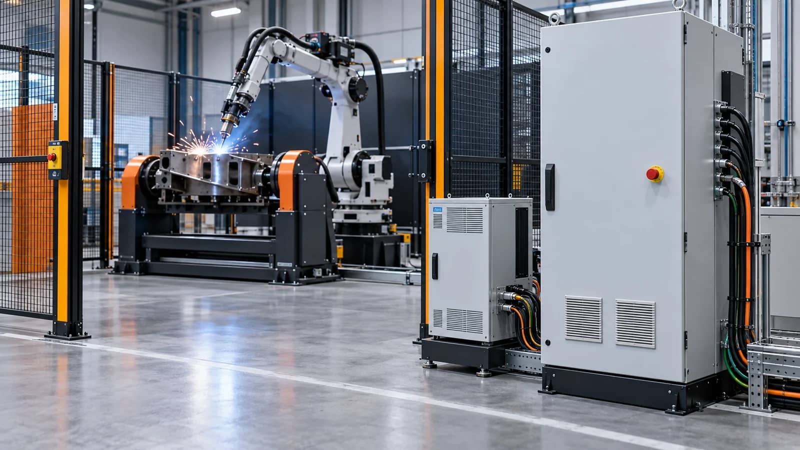 unbranded robot controller cabinets beside a guarded welding cell