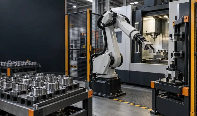 robot genérico con pinza junto a CNC y muelle de cambio