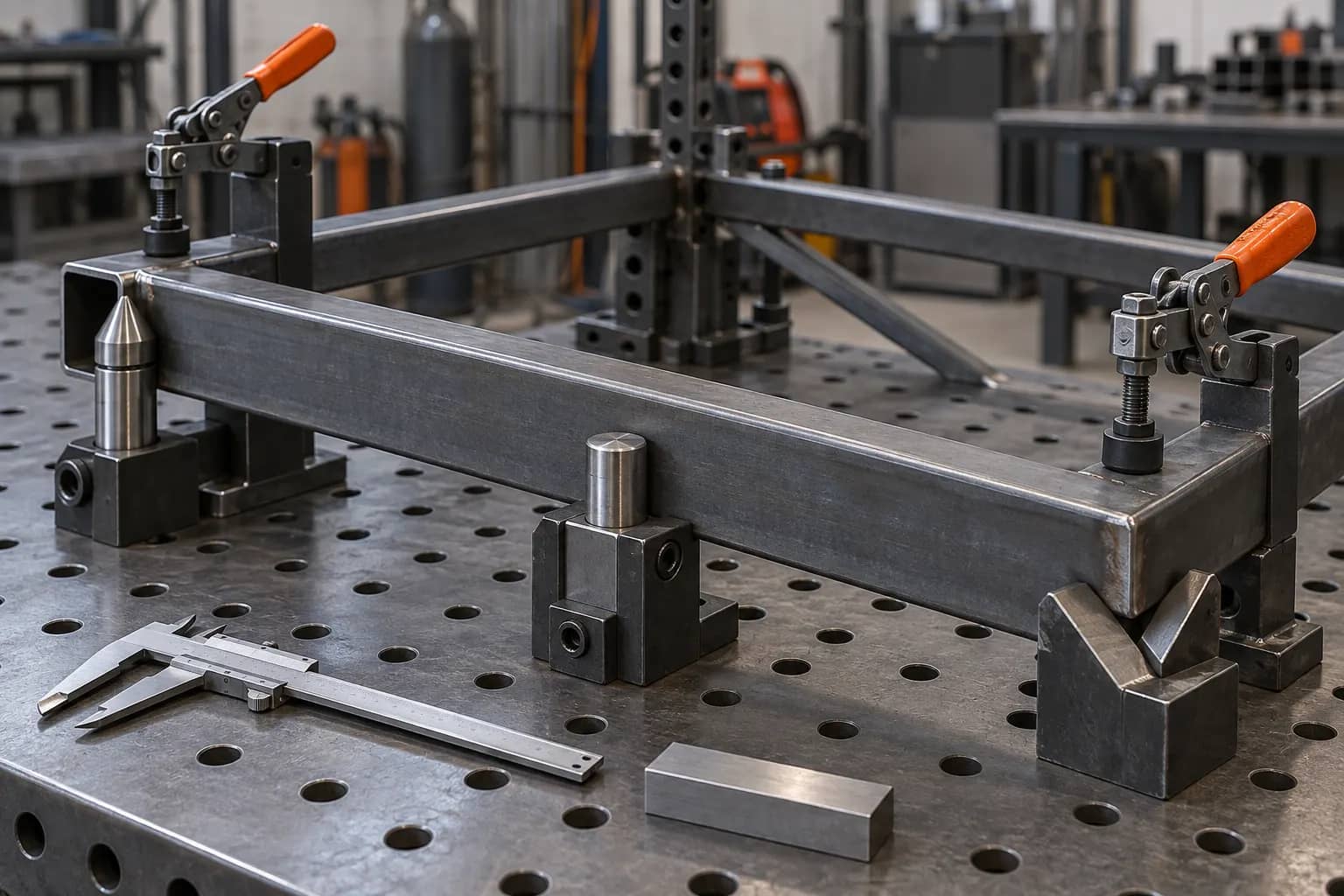 Topes, mordazas y calibre conceptuales para situar un bastidor tubular