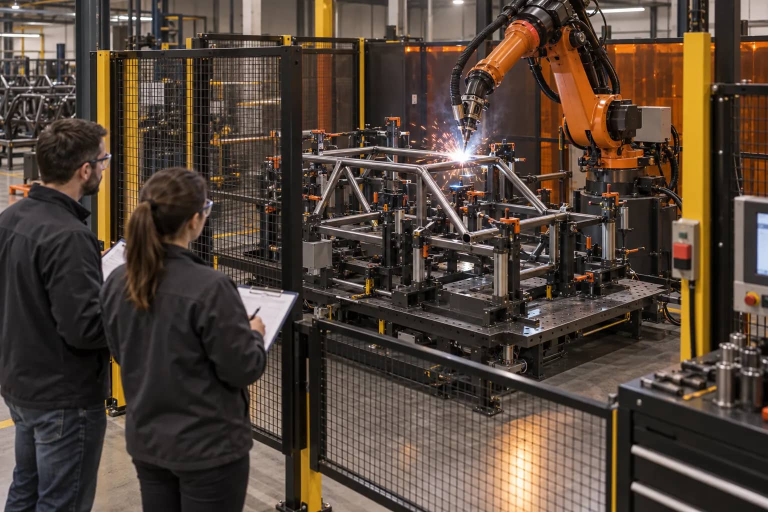 Concepto de celda de soldadura robotizada protegida con observadores de una prueba FAT