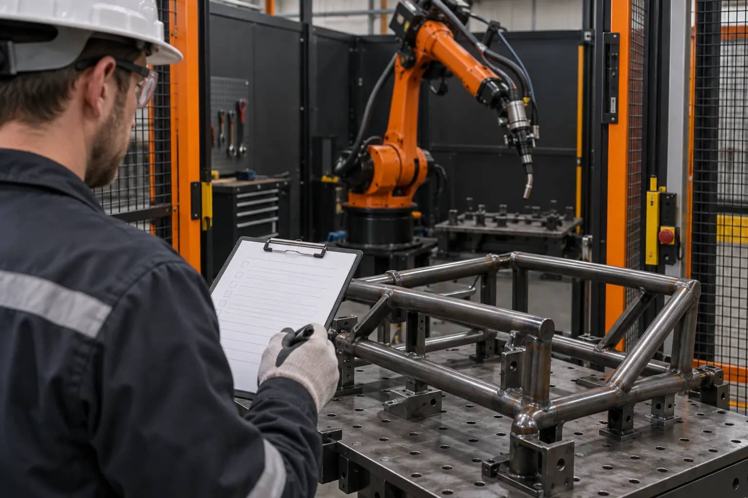 Técnico conceptual revisando un bastidor tubular junto a una celda robotizada