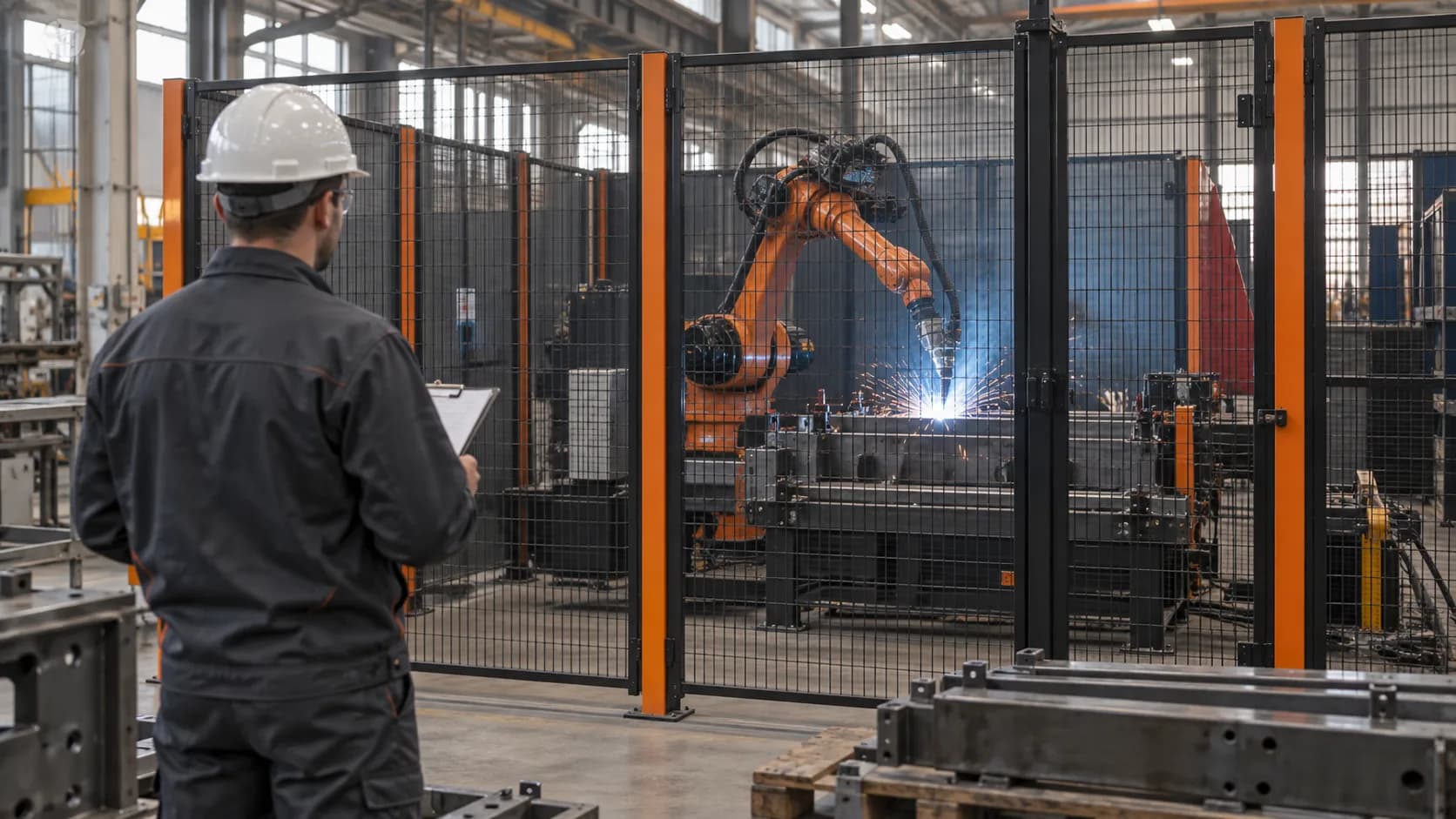 Ingeniero observando celda de soldadura robotizada protegida