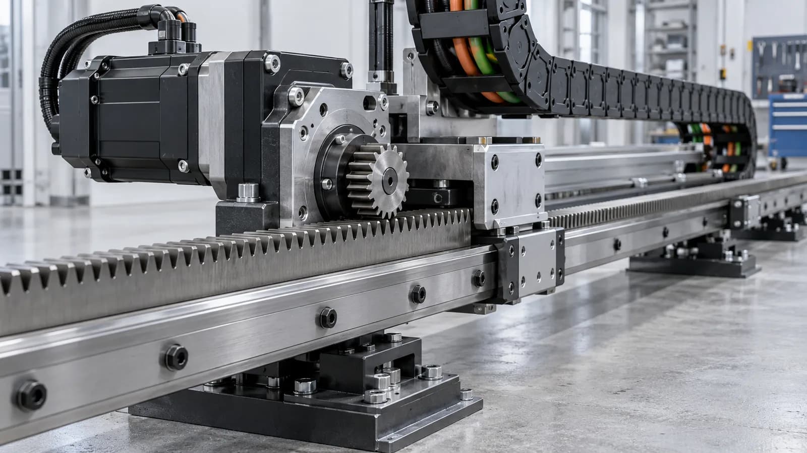 Conceptual linear rail drive and cable carrier detail