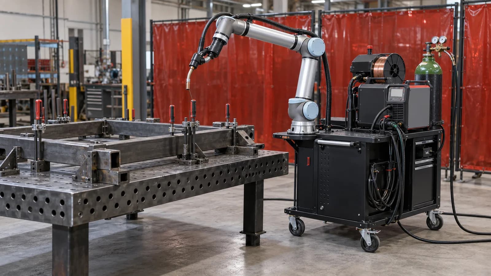 Conceptual industrial automation workshop with robotic equipment and production cells