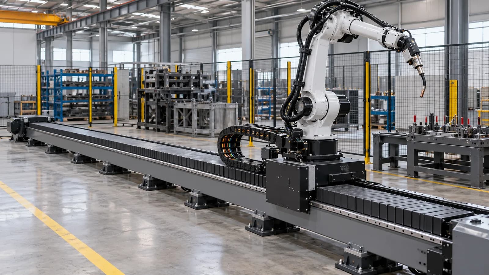 Conceptual industrial automation workshop with robotic equipment and production cells