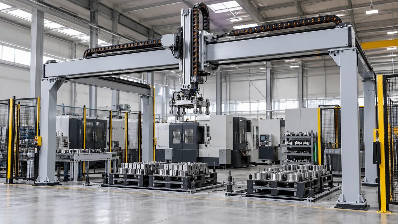 Conceptual industrial automation workshop with robotic equipment and production cells
