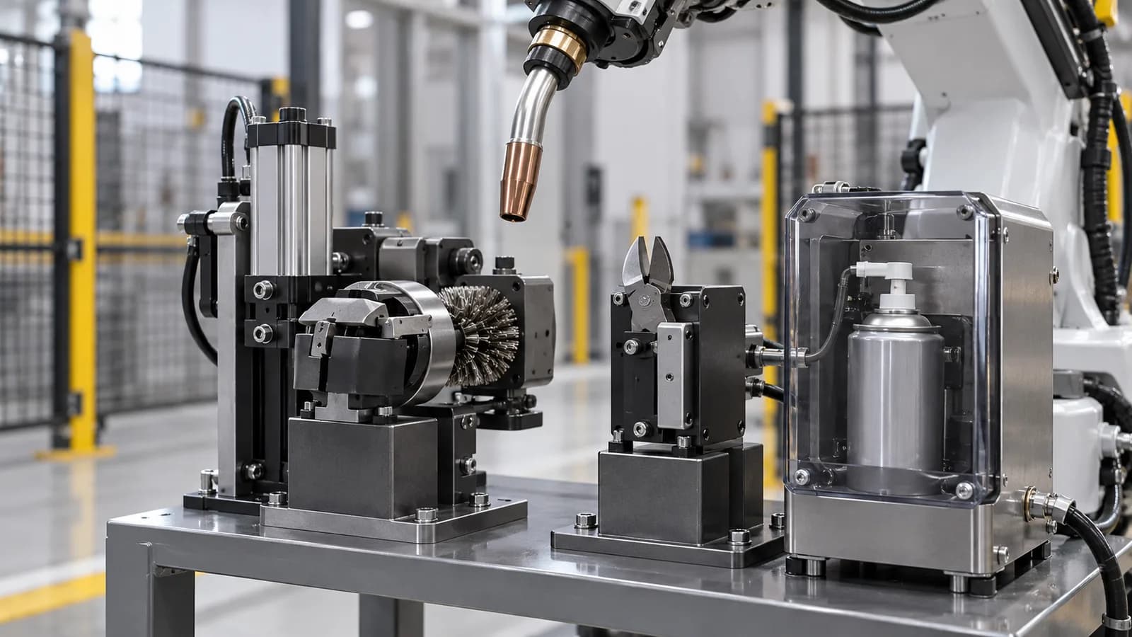 Conceptual industrial automation workshop with robotic equipment and production cells