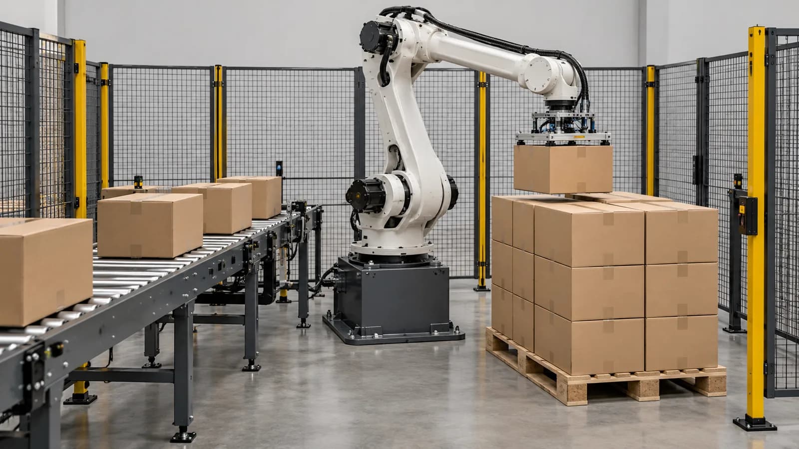 Conceptual industrial automation workshop with robotic equipment and production cells