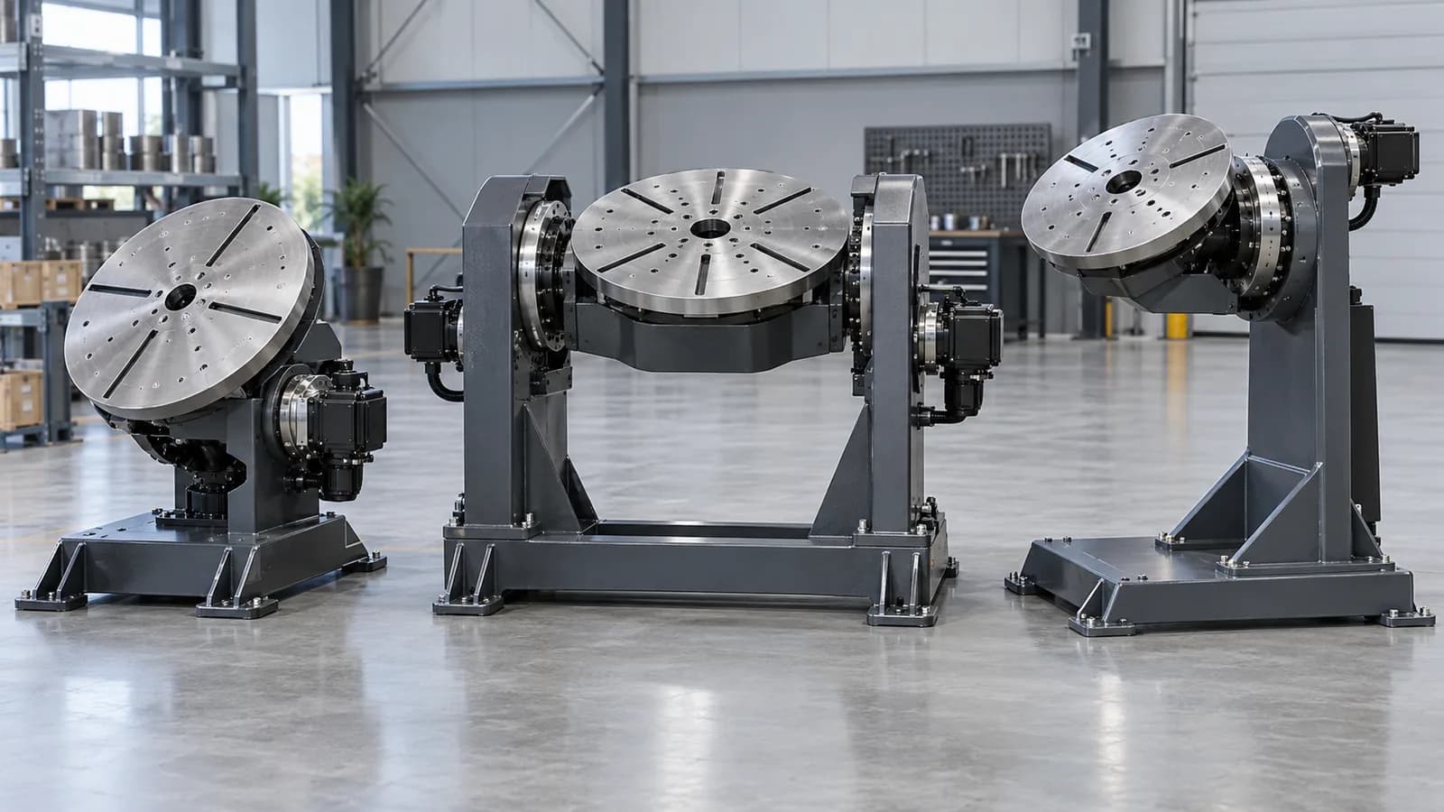 Conceptual industrial automation workshop with robotic equipment and production cells