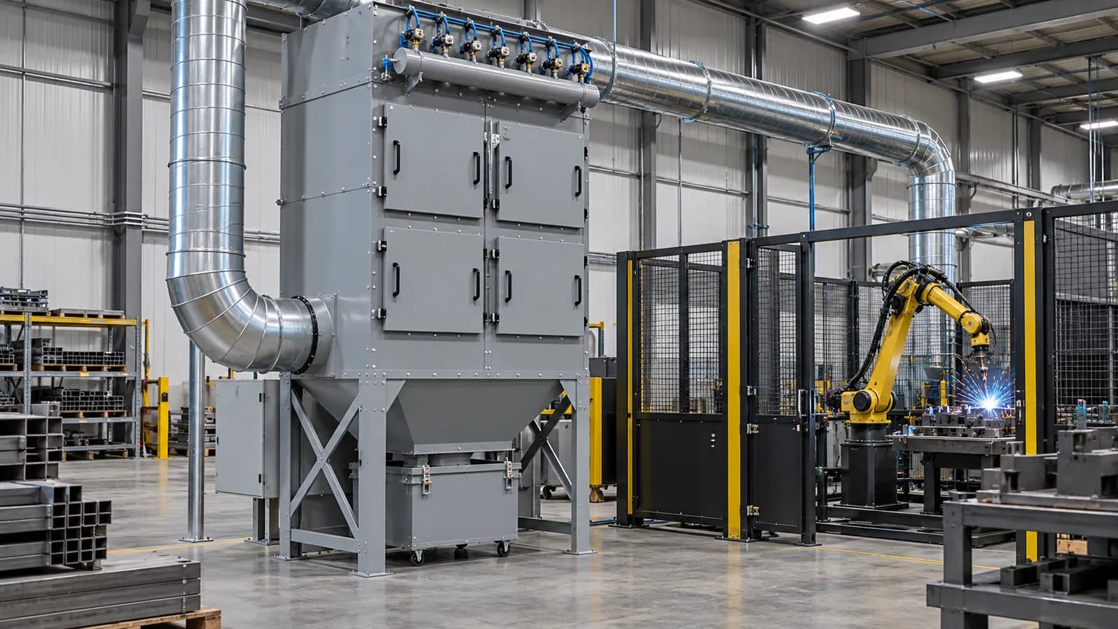 Conceptual industrial automation workshop with robotic equipment and production cells