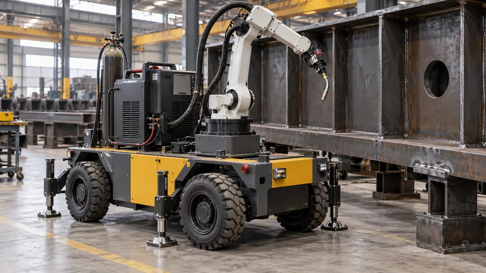Conceptual industrial automation workshop with robotic equipment and production cells
