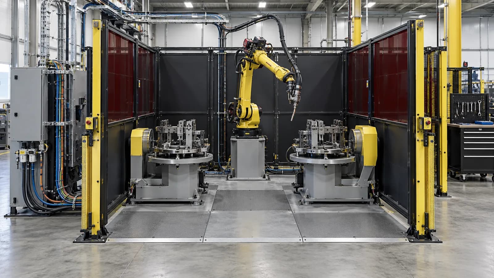 Conceptual industrial automation workshop with robotic equipment and production cells