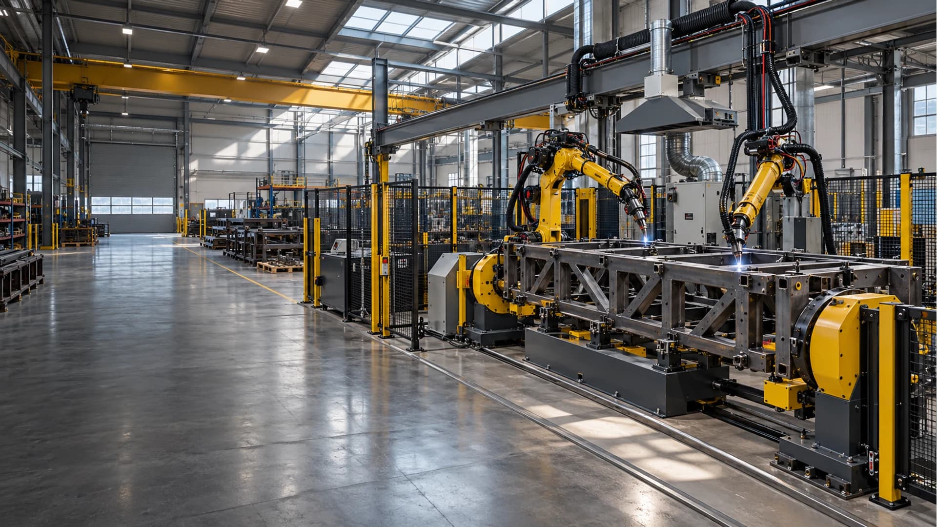 Conceptual industrial automation workshop with robotic equipment and production cells