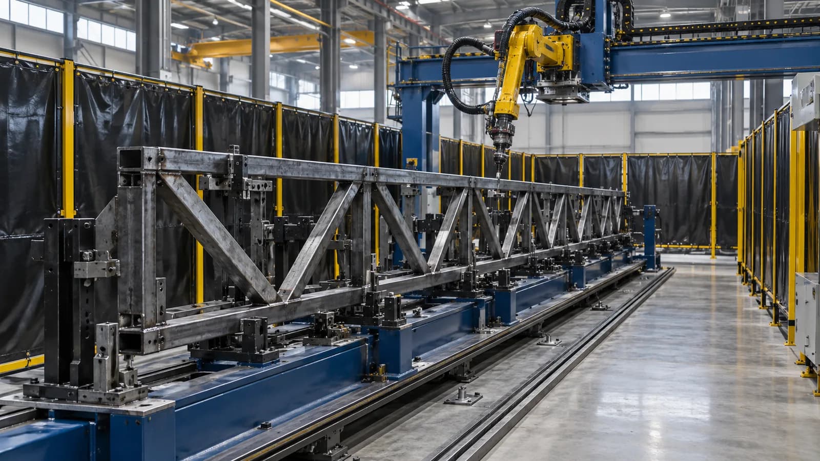 Conceptual industrial automation workshop with robotic equipment and production cells