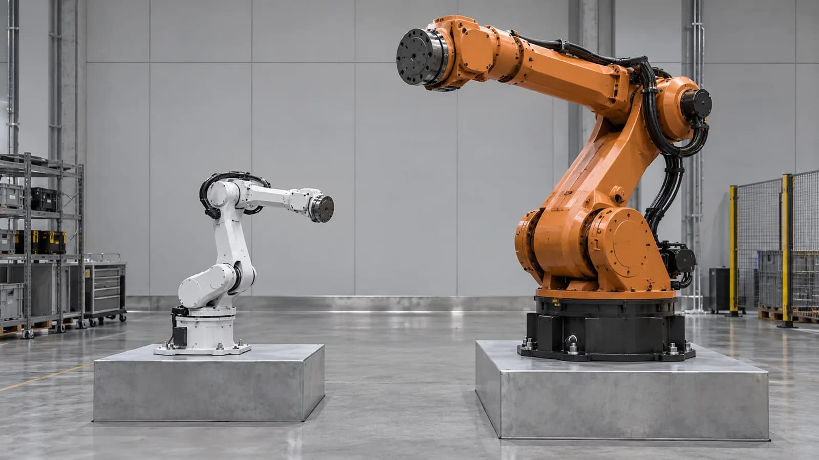 Conceptual industrial automation workshop with robotic equipment and production cells